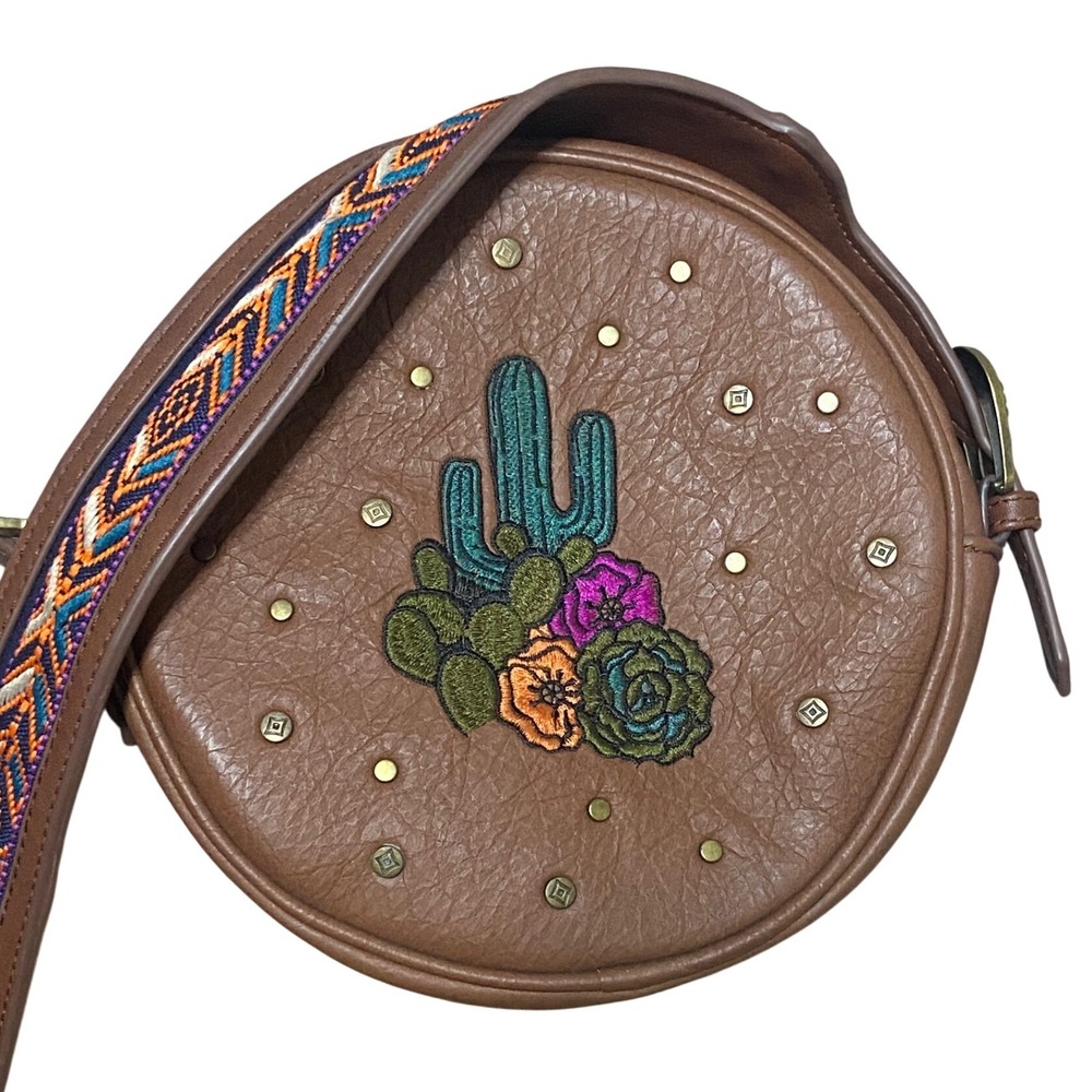 Catchfly Brown Round Cactus Embroidered‎ Crossbody Bag Hippie Chic Western Purse